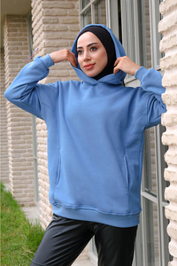 Kanguru Cep Kapüşonlu Sweat Mavi