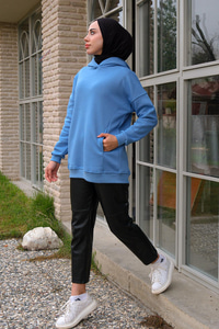 Kanguru Cep Kapüşonlu Sweat Mavi