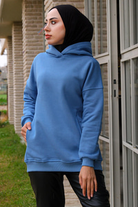 Kanguru Cep Kapüşonlu Sweat Mavi