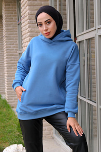 Kanguru Cep Kapüşonlu Sweat Mavi