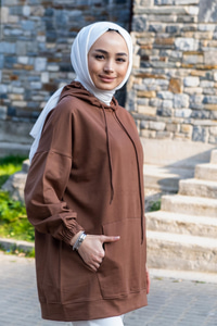 Uygun Fiyatlı KANGURU CEPLI KAPSONLU SWEAT KAHVERENGI | Loccomoda.com 