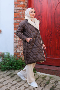 Kapitone Baklava Desenli  Şişme Mont Kahverengi