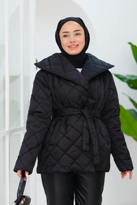 Kapitone Bel Bağlama Detaylı Mont Siyah