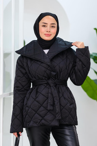 Kapitone Bel Bağlama Detaylı Mont Siyah