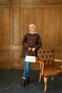 Kapitone Desen Gold Düğme Detay Ceket Kahverengi