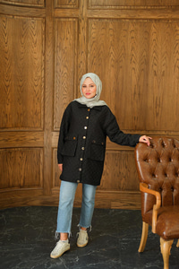 Kapitone Desen Gold Düğme Detay Ceket Siyah