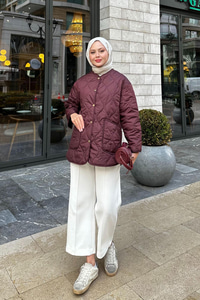 Kapitone Desen İnce Ceket Mürdüm