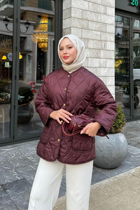 Kapitone Desen İnce Ceket Mürdüm