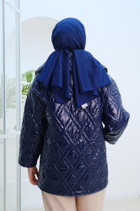 Kapitone Desen Parlak İnce Mont Lacivert