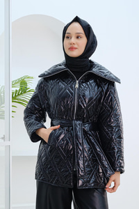 Kapitone Desen Parlak İnce Mont Siyah