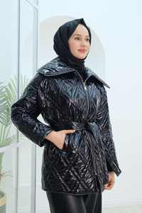 Kapitone Desen Parlak İnce Mont Siyah