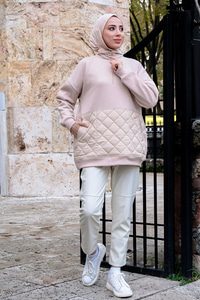 Kapitone Desenli Polar Sweat Bej