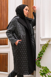 Kapitone Detay Zikzak Desenli Kaban Siyah