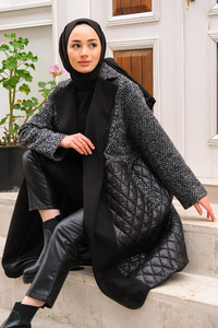 Kapitone Detay Zikzak Desenli Kaban Siyah