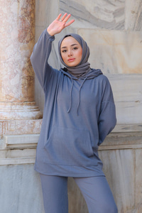 Kapüşonlu Cepli İkili Takım Gri