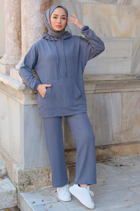Kapüşonlu Cepli İkili Takım Gri