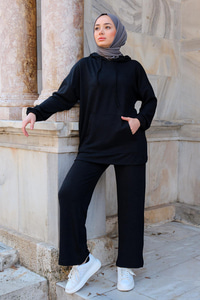 Kapüşonlu Cepli İkili Takım Siyah