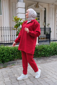 Kapüşonlu Çift Cepli İkili Takım  Bordo