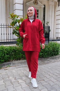 Kapüşonlu Çift Cepli İkili Takım  Bordo