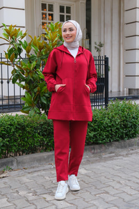 Kapüşonlu Çift Cepli İkili Takım  Bordo