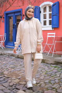 Kapüşonlu Çift Cepli İkili Takım Krem