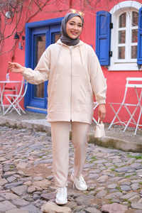 Kapüşonlu Çift Cepli İkili Takım Krem