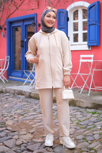 Kapüşonlu Çift Cepli İkili Takım Krem