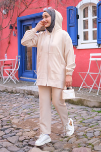 Kapüşonlu Çift Cepli İkili Takım Krem