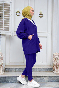 Kapüşonlu Çift Cepli İkili Takım Saks Mavi