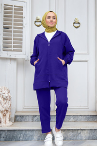 Kapüşonlu Çift Cepli İkili Takım Saks Mavi