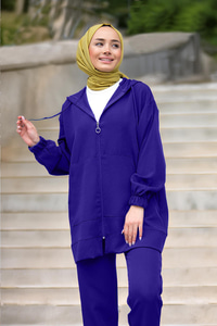 Kapüşonlu Çift Cepli İkili Takım Saks Mavi