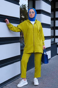 Kapüşonlu Çift Cepli İkili Takım Yağ Yeşil