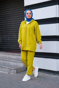 Kapüşonlu Çift Cepli İkili Takım Yağ Yeşil