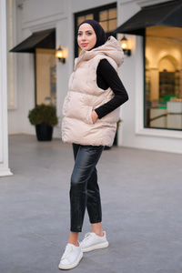 Kapüşonlu Çift Cepli Yelek Krem