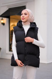 Kapüşonlu Çift Cepli Yelek Siyah