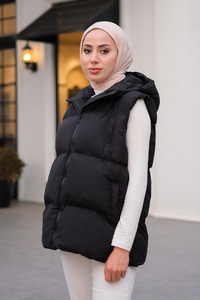 Kapüşonlu Çift Cepli Yelek Siyah