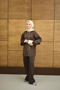 Kapüşonlu Çift Fermuar Detay Regular Scuba Takım Kahverengi