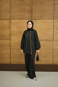 Kapüşonlu Çift Fermuar Detay Regular Scuba Takım Siyah