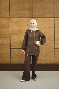 Kapüşonlu Çift Fermuar Detay Regular Scuba Takım Kahverengi