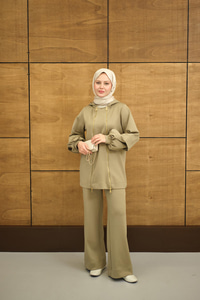 Kapüşonlu Çift Fermuar Detay Regular Scuba Takım Haki Yeşil