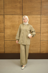 Kapüşonlu Çift Fermuar Detay Regular Scuba Takım Haki Yeşil