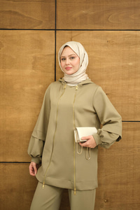 Kapüşonlu Çift Fermuar Detay Regular Scuba Takım Haki Yeşil