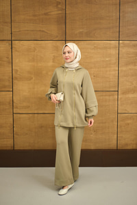 Kapüşonlu Çift Fermuar Detay Regular Scuba Takım Haki Yeşil