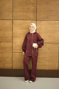 Kapüşonlu Çift Fermuar Detay Regular Scuba Takım Bordo