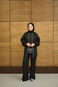 Kapüşonlu Çift Fermuar Detay Regular Scuba Takım Siyah