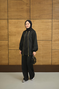 Kapüşonlu Çift Fermuar Detay Regular Scuba Takım Siyah