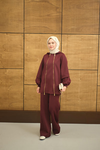 Kapüşonlu Çift Fermuar Detay Regular Scuba Takım Bordo