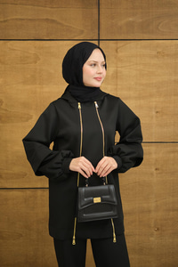 Kapüşonlu Çift Fermuar Detay Regular Scuba Takım Siyah