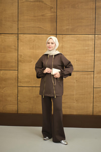 Kapüşonlu Çift Fermuar Detay Regular Scuba Takım Kahverengi