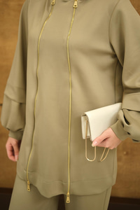 Kapüşonlu Çift Fermuar Detay Regular Scuba Takım Haki Yeşil